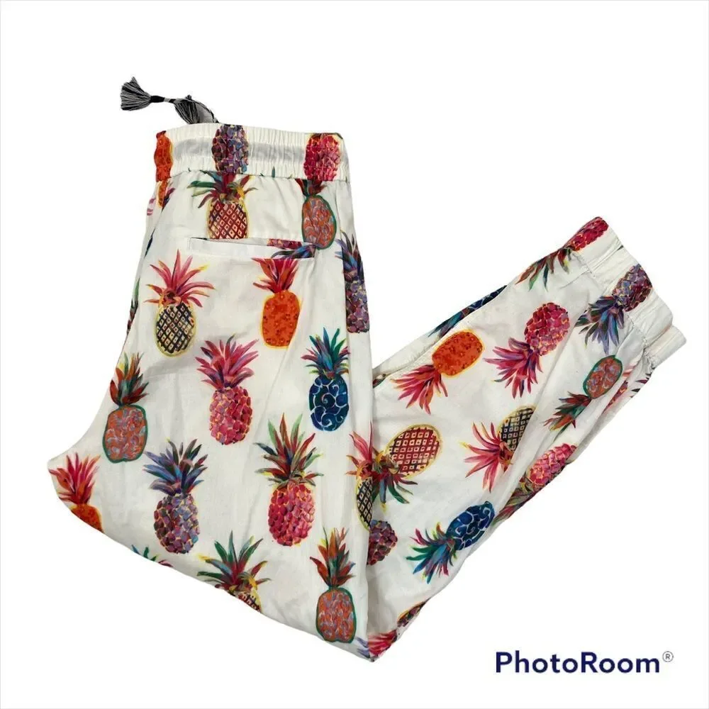 WOMEN'S J CREW SEASIDE PULL ON PANTS IN‎ WHITE RATTI PAINTED PINEAPPLES Size 0